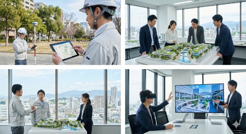 タブレットとGNSS測量機器を使った樹木調査の様子